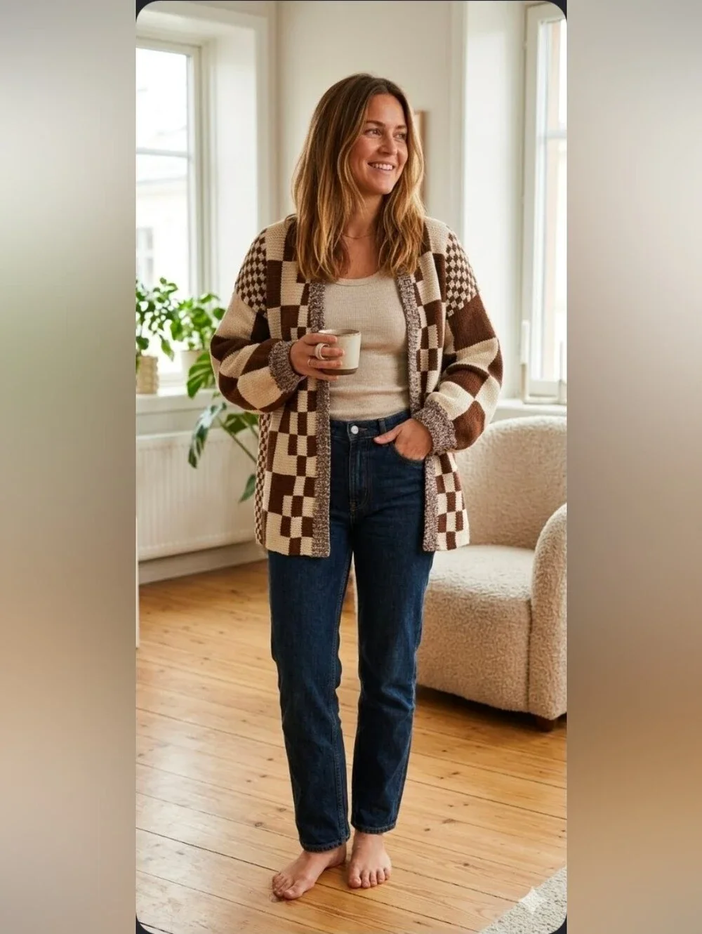 Beautiful brown and cream plaid cardigan, creating a fresh look.szL